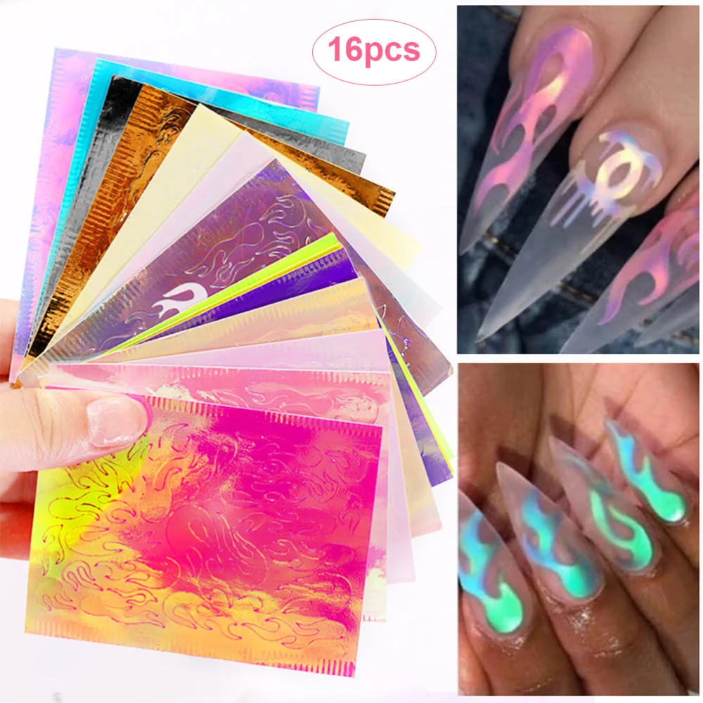 16 PCS Holographic Fire Flame Nail Stickers Fires On Manicure Stencil Stickers Nail Art Decoration