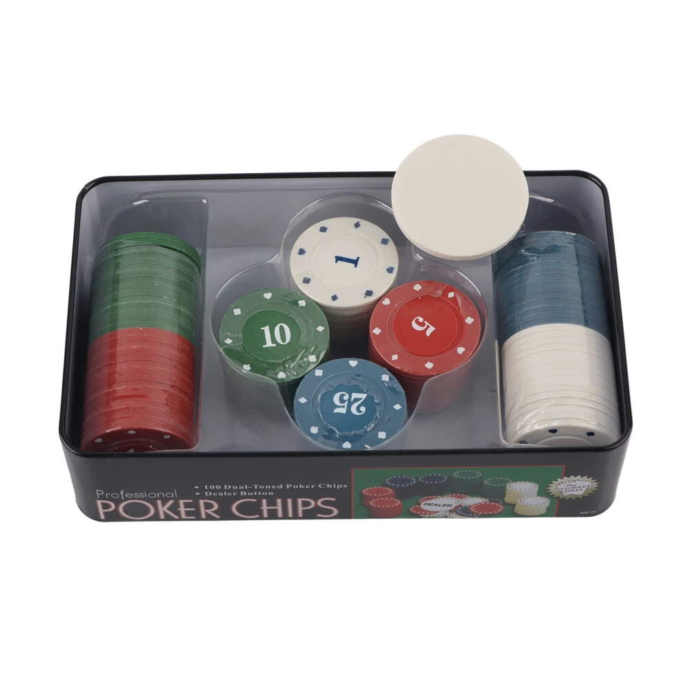 100Pcs Poker Chip Set Plastic Iron Numbered Chips with DEALER Card for Home Entertainment