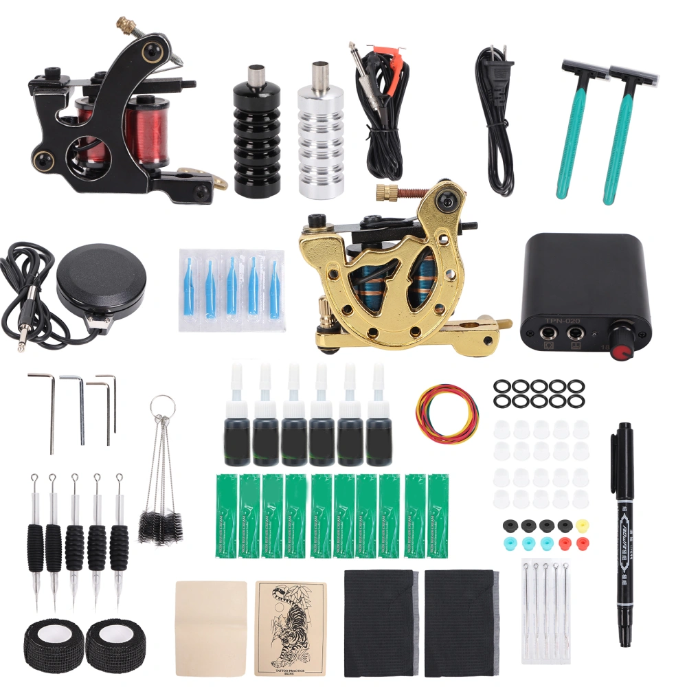 Complete Tattoo Machine Kit Professional Tattoo Beginner Gun Power Supply Clip Cord Inks 90‑265VUS Plug