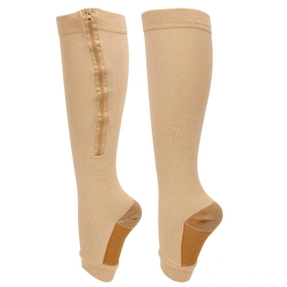 Zipper Compression Socks Soft Nylon Washable Reusable Open Toe Leg Shaping Socks for WomenSkin Color Splicing L/XL