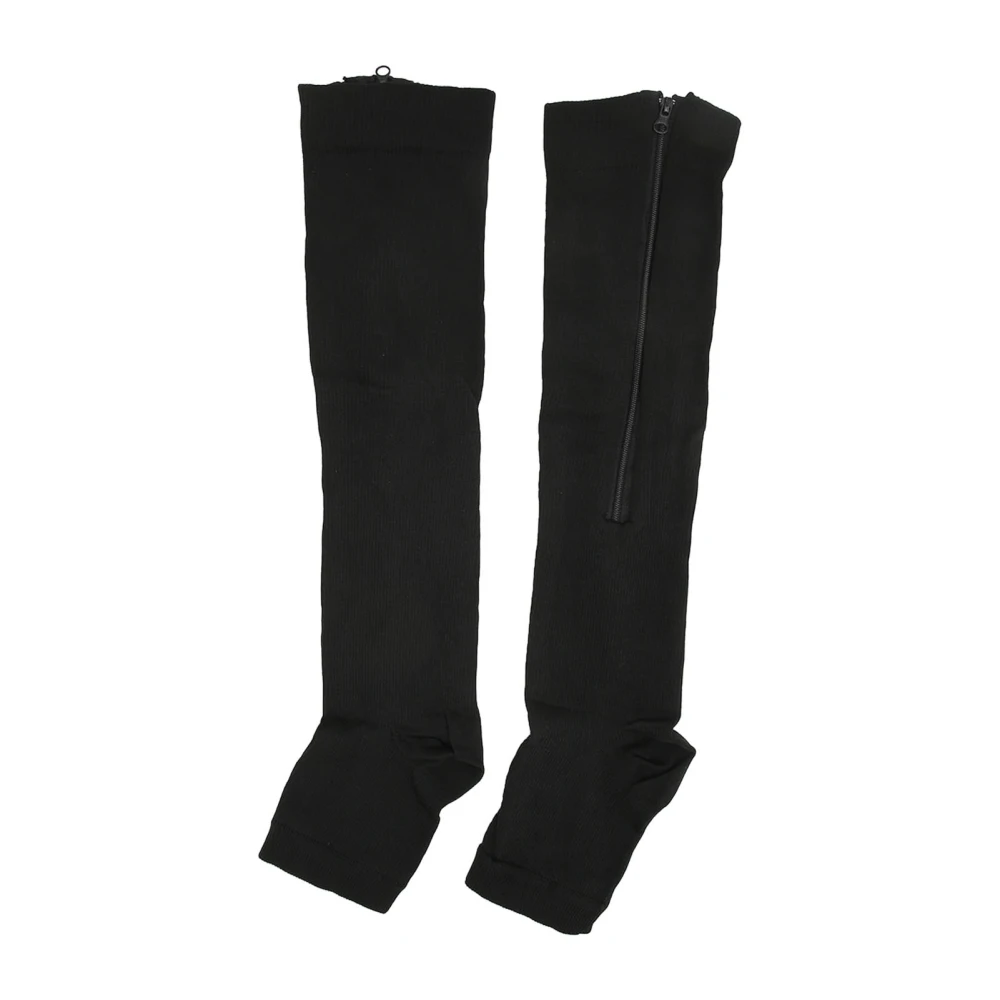 Nylon Compression Stockings Zipper Design Promote Blood Circulation Open Toe Compression StockingsBlack L/XL