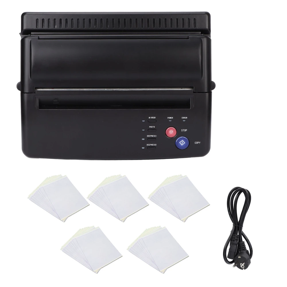 Tattoo Stencil Transfer Machine Thermal Copier with 50 Tattoo Stencil Transfer Paper for Tattoos 100‑240V BlackEU Plug