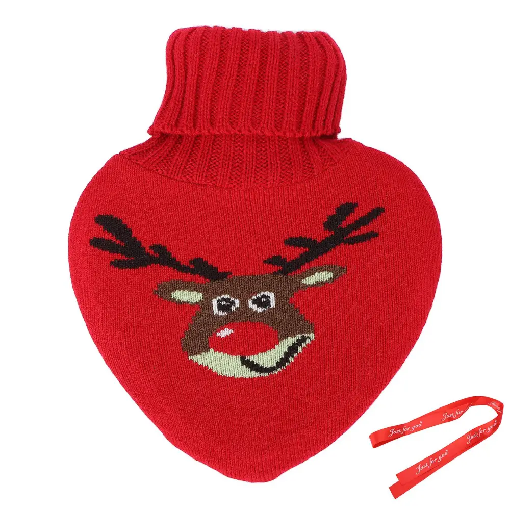 Hot Water Bottle Rubber Leakproof Relieve Pain Cute Knit Cover Hot Water Bag 800ml (With Ribbon)#3