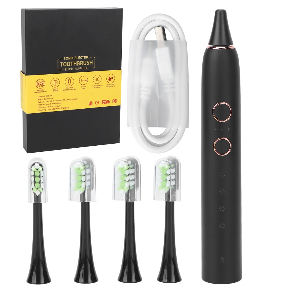 Adults Electric Toothbrush IPX7 Waterproof 4 Gears Teeth Cleaning Vibration Brush with 4 Brush HeadsBlack