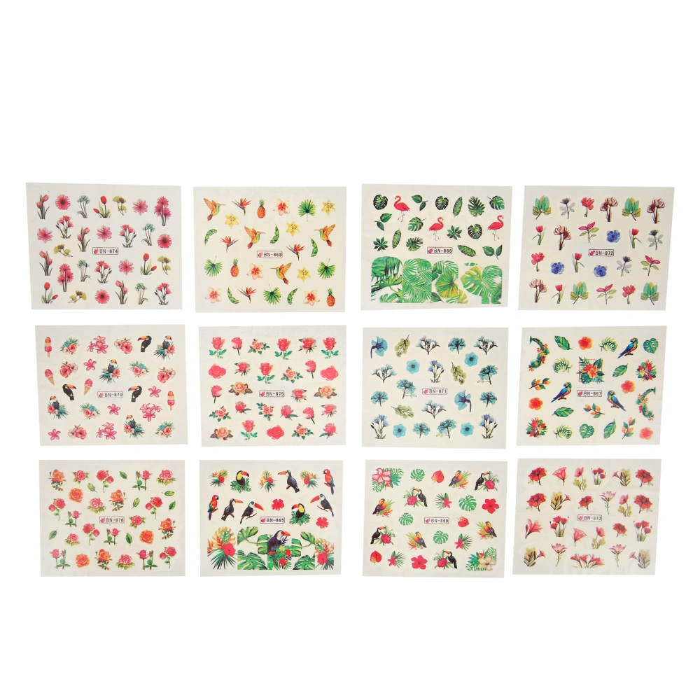 12 Sheets Nail Art Stickers Natural Plants Leaves Flowers Water Transfer Nail Decals for DIY Nails