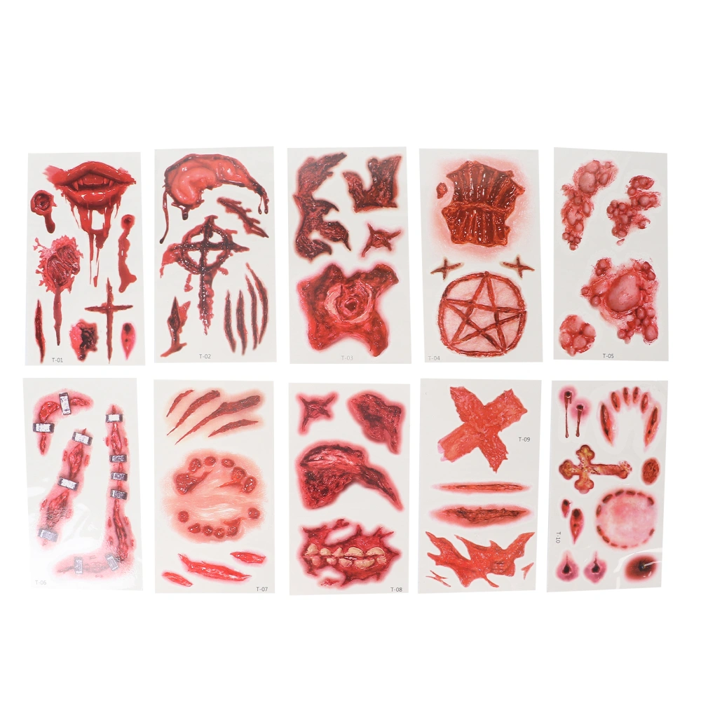 10pcs Halloween Scar Tattoos Waterproof Horror Fake Bloody Wound Face Stickers for Halloween Fake Makeup CosplayT Set