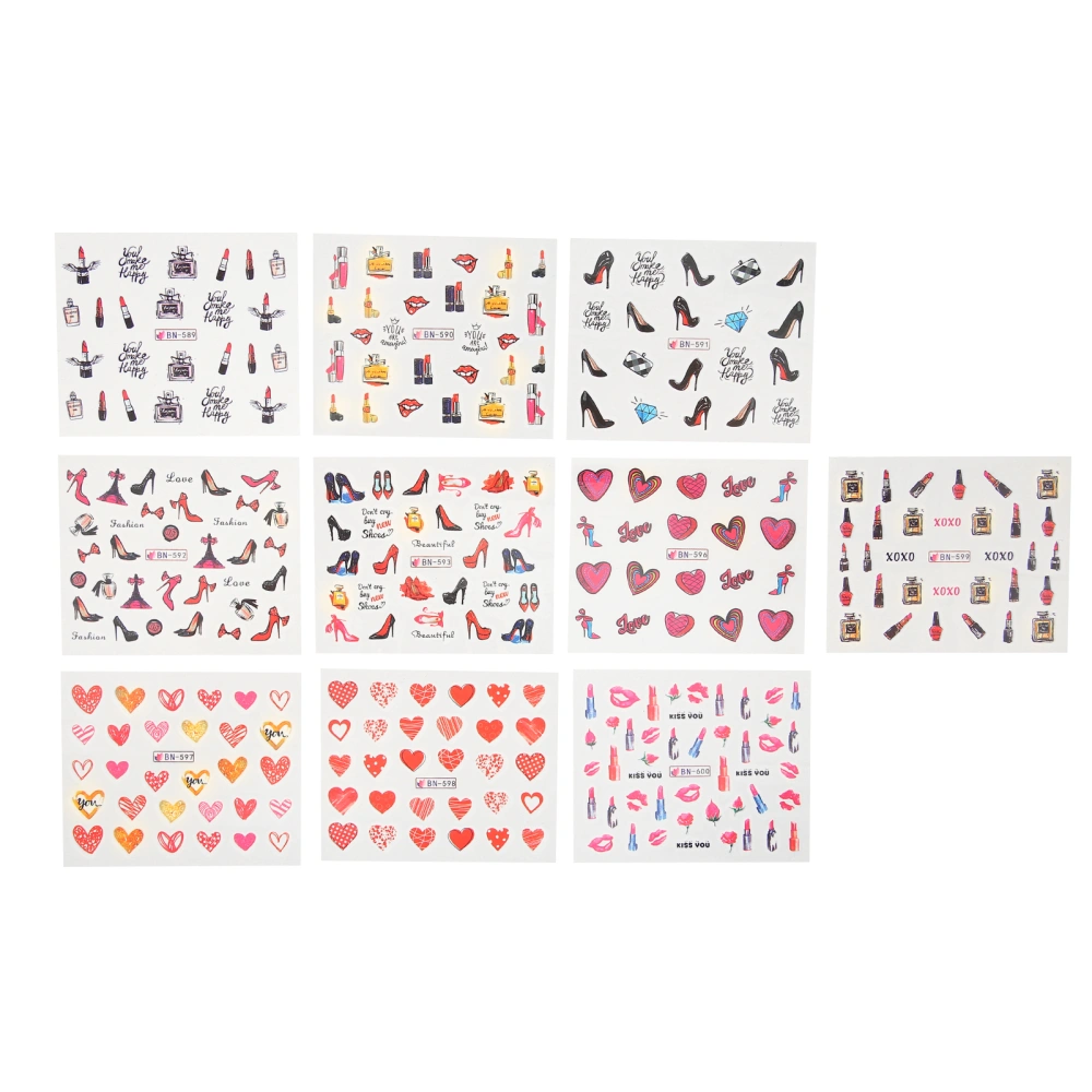 10 Sheet/Set Nail Art Sticker Lipstick High Heels Pattern Stickers Self Adhesive Nail Art Stickers