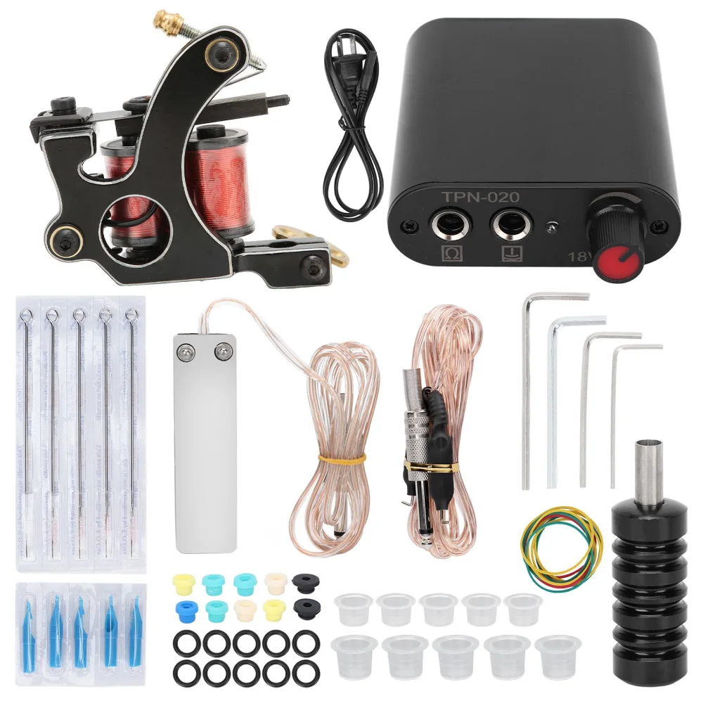 Complete Tattoo Kit Starter Tattoo Coil Machine Set Tattoo Power Supply Tattoo Accessories 90‑265VUS Plug