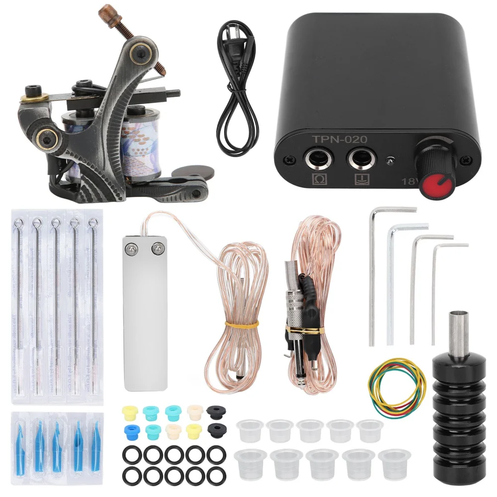 Complete Tattoo Kit Professional Power Supply Coil Tattoo Machine Tattoo Supplies for Beginners 90‑265VUS Plug