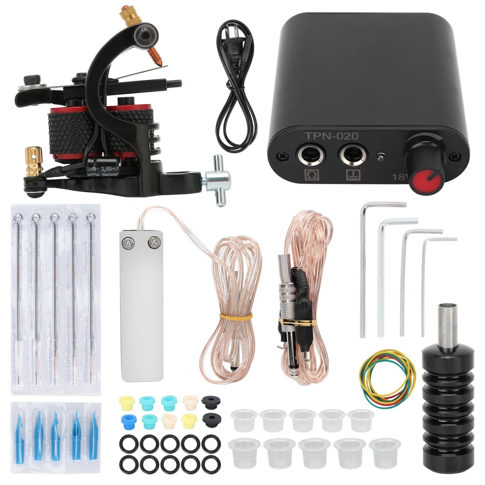 Professional Tattoo Machine Kit 10 Wrap Tattoo Machine Power Supply Beginner Tattoo Practicing Tools 90‑265VUS Plug