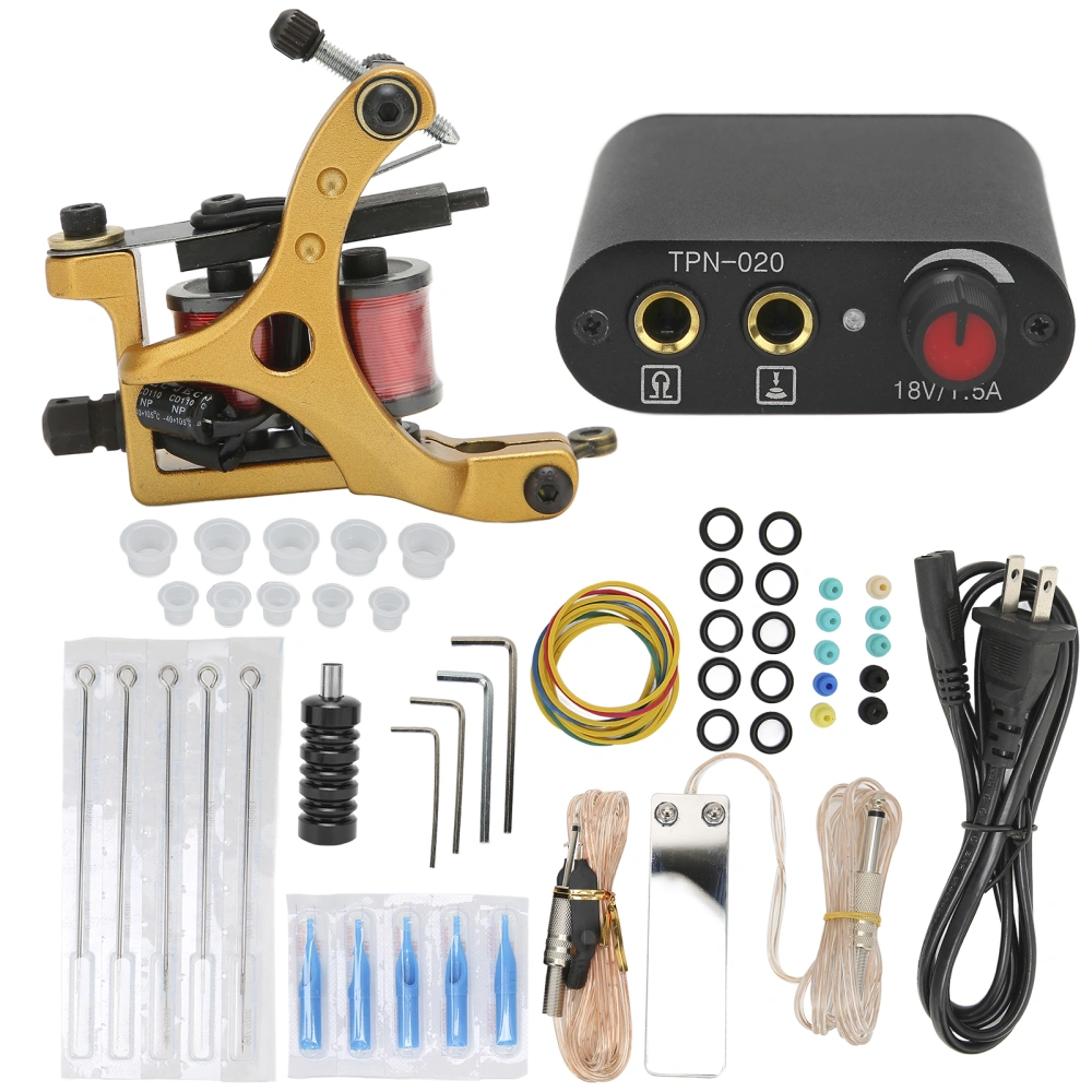 Coil Tattoo Machine Power Supply Clip Cord Needle Tattoo Ink Cup Tattoo Machine Kit for Beginner (90‑265V)US Plug