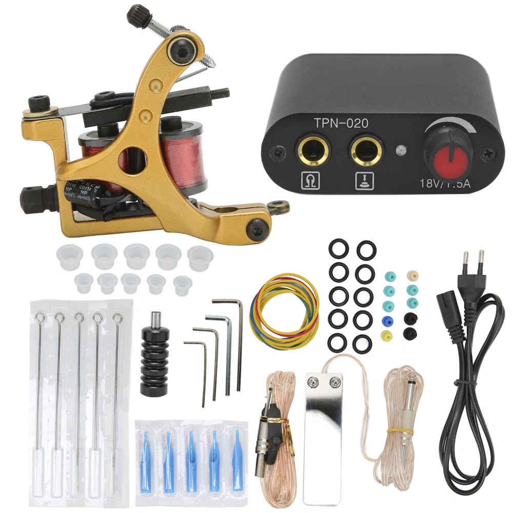 Coil Tattoo Machine Power Supply Clip Cord Needle Tattoo Ink Cup Tattoo Machine Kit for Beginner (90‑265V)EU Plug