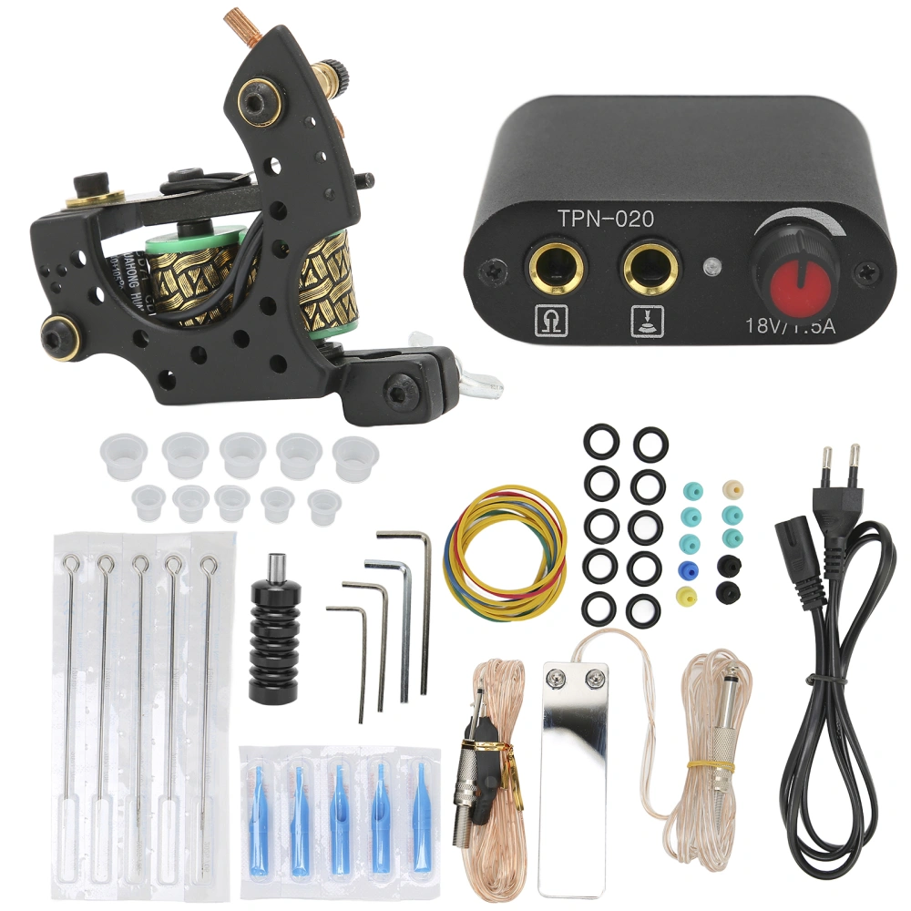 Coil Tattoo Machine Kit Clip Cord Foot Pedal Power Supply Needle Beginner Practice Tattoo Kit (90‑265V)EU Plug