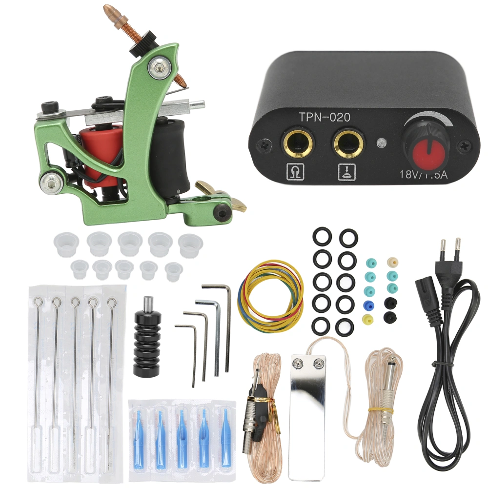 Coil Tattoo Machine Set Tattoo Needle Foot Pedal Power Supply Clip Cord Tattoo Kit for Novice (90‑265V)EU Plug