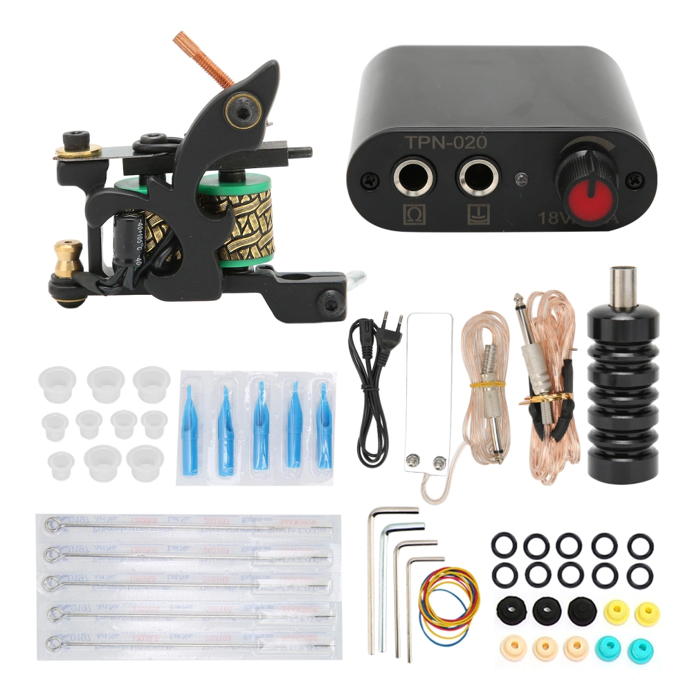 Tattoo Machine Kit Clip Cord Foot Pedal Power Supply Ink Cup Coil Tattoo Machine Set for Novice (90‑265V)EU Plug