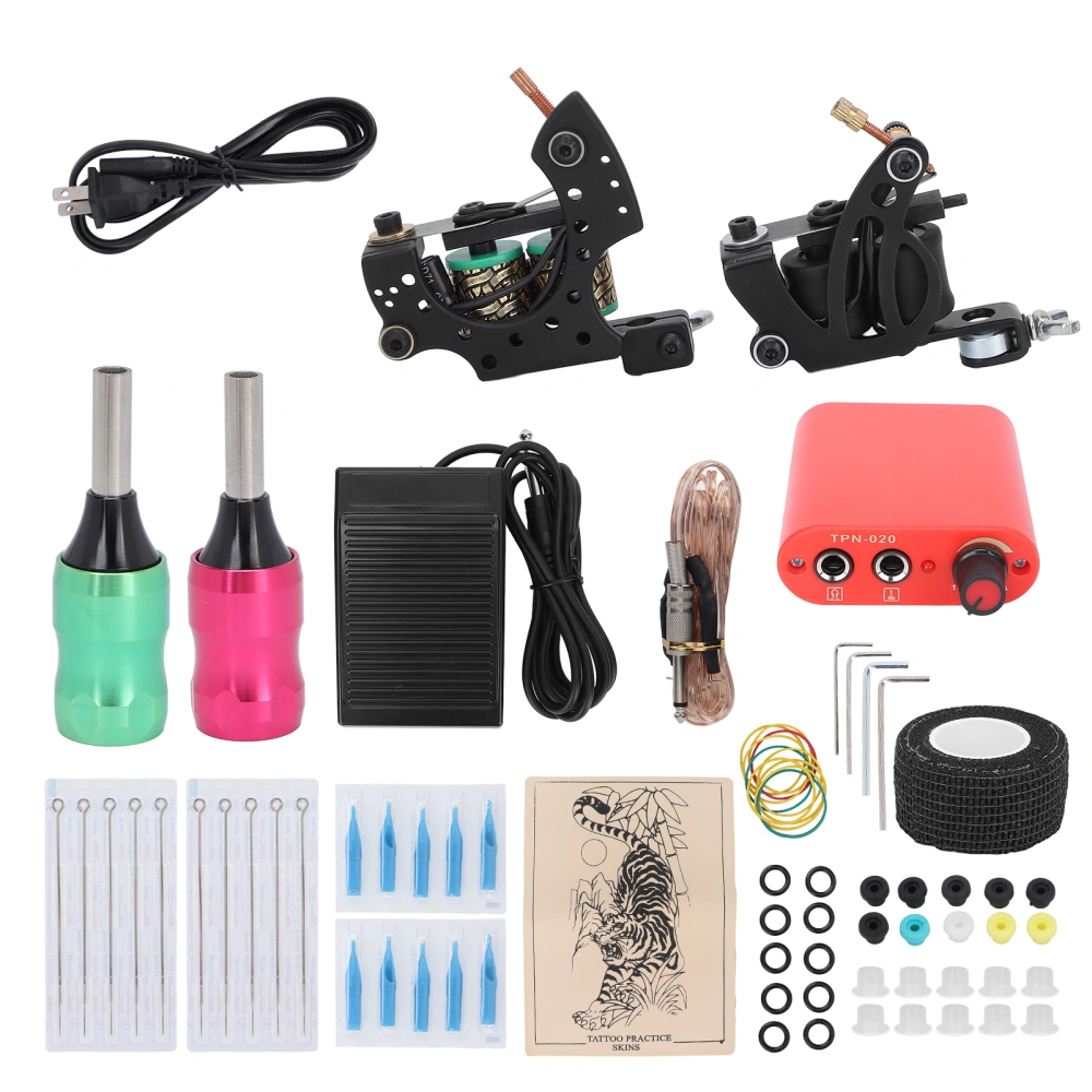 Complete Tattoo Kit Liner Shader Tattoo Coil Machine Power Supply Foot Pedal Needles Tips Tattoo Supplies 90-265VUS Plug