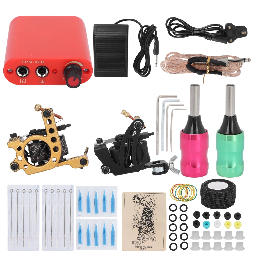 Coil Tattoo Machine Kit Liner Shader Power Supply Tattoo Needle Practice Skin Tattoo Tool Set (90‑265V)UK Plug