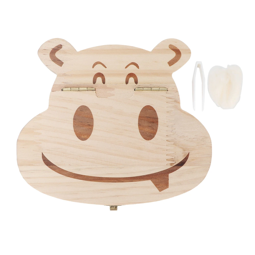 Baby Wooden Tooth Box Hippo Shaped Individual Holes Kids Primary Teeth Organizer with English Words