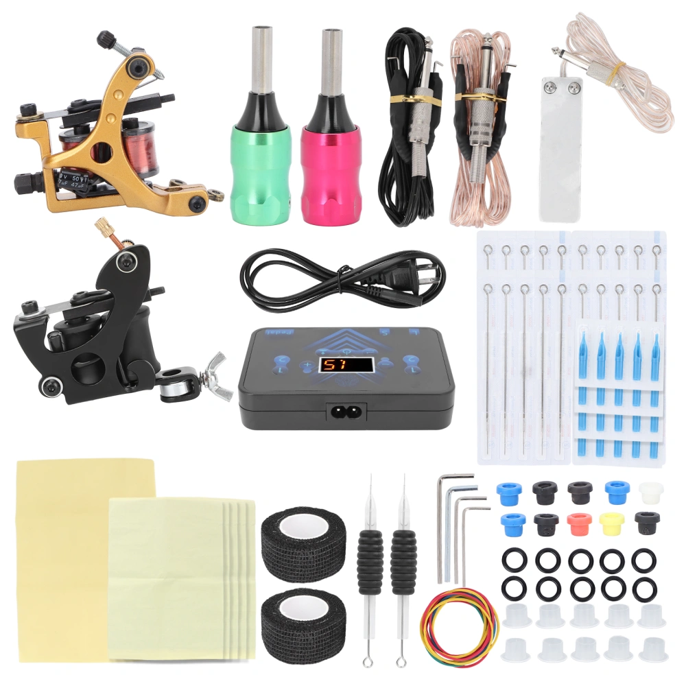 Professional Tattoo Machine Kit Fast Heat Dissipation LED Display Tattoo Power Supply Tattoo Practice Tool Set 90‑265VUS Plug