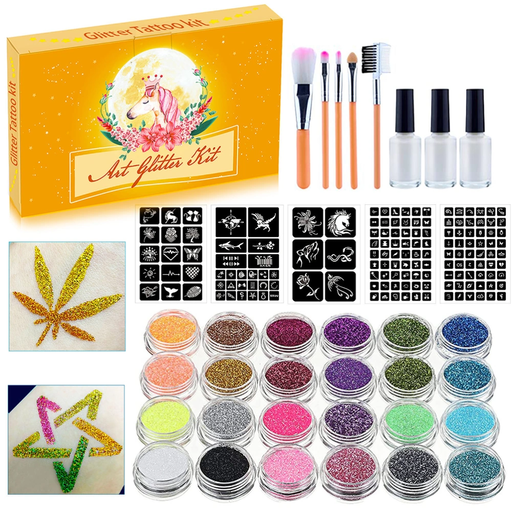 Glitter Tattoo Set for Kids 24 Color Temporary Glitter Tattoo Make Up Kit for Festivals Parties Games DIY Decorations