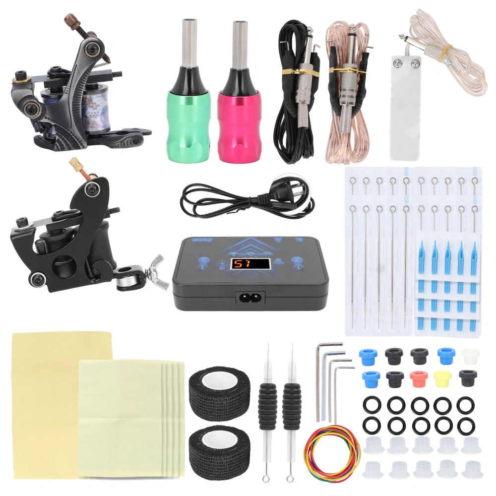 Coil Tattoo Machine Kit Tattoo Needle Clip Cord Power Supply Practice Skin Tattoo Tool Set (90‑265V)US Plug