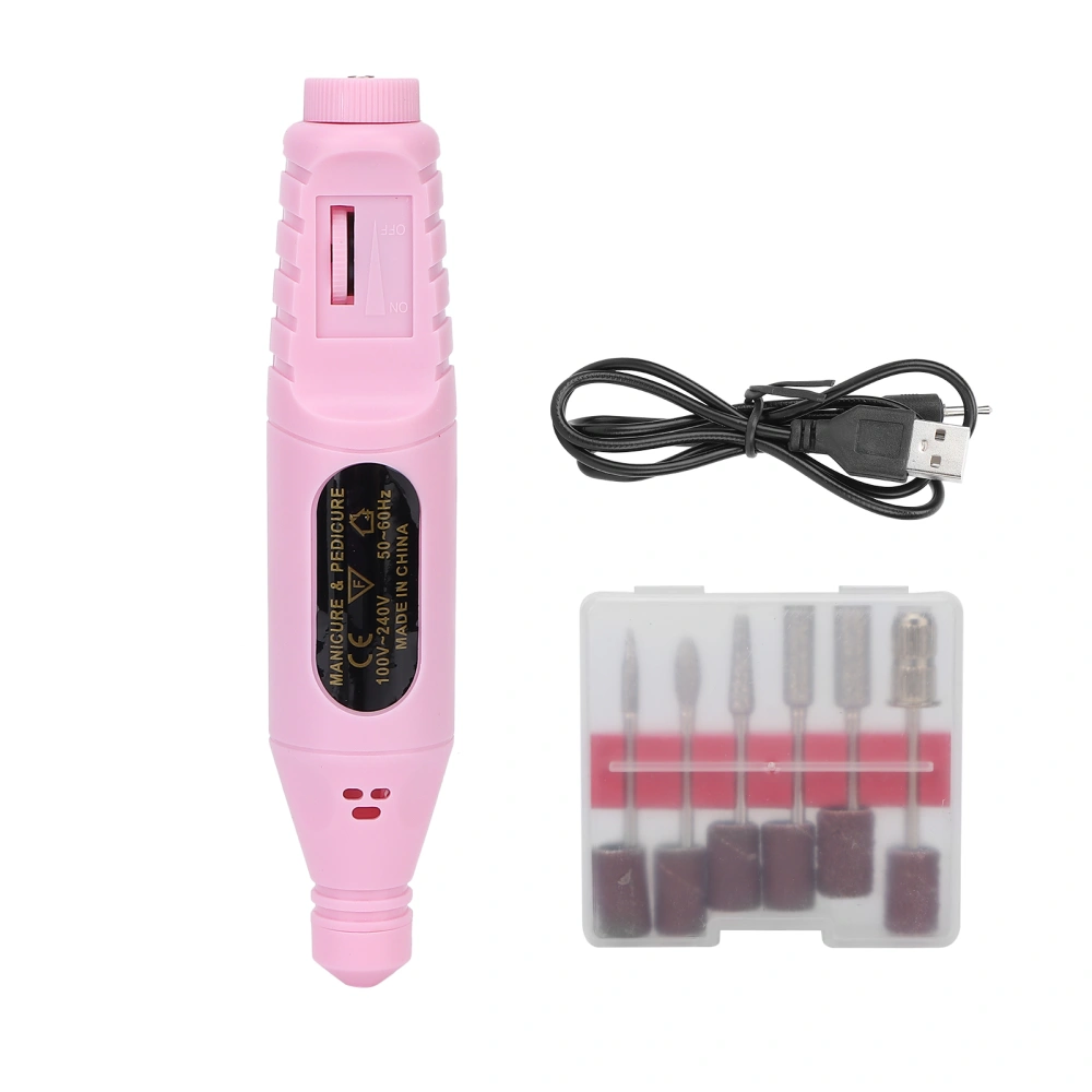 USB Electric Nail Drill Machine Portable 6 Polishing Heads Manicure Polisher Tool KitPink