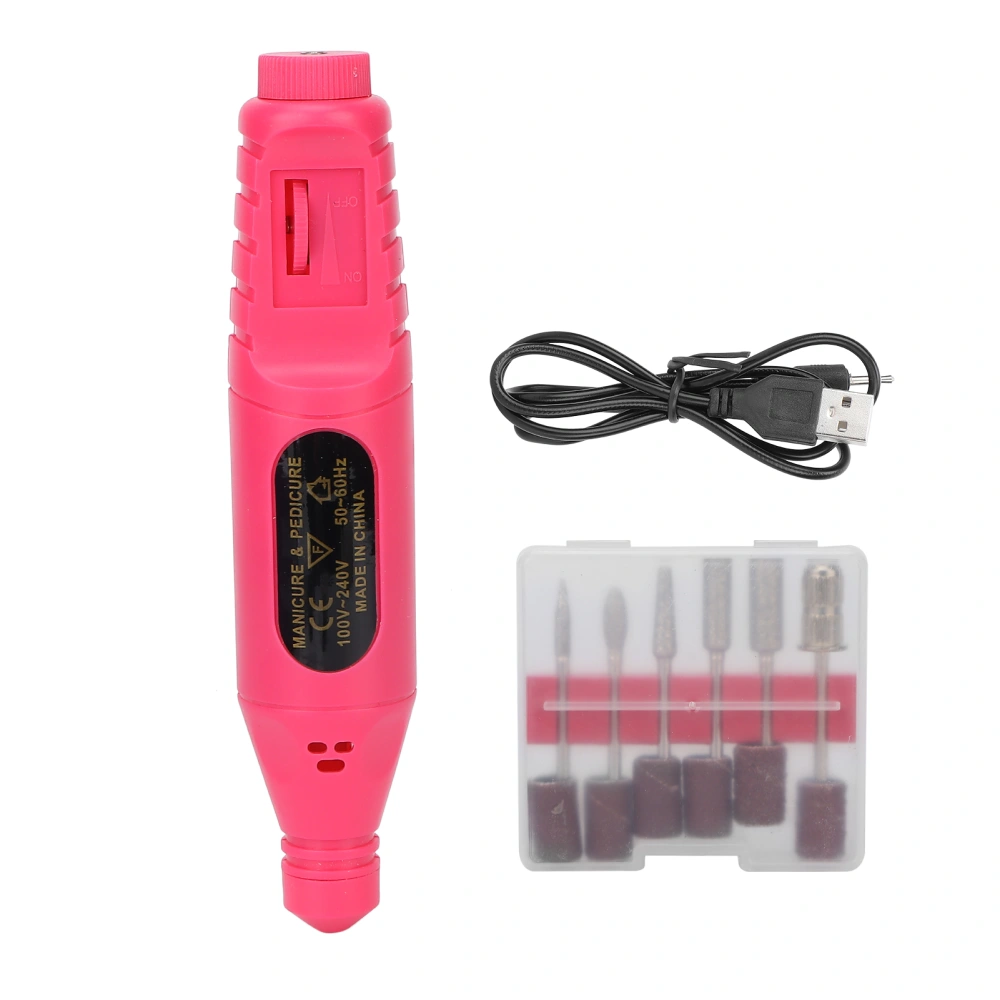 USB Electric Nail Drill Machine Portable 6 Polishing Heads Manicure Polisher Tool KitRose Red