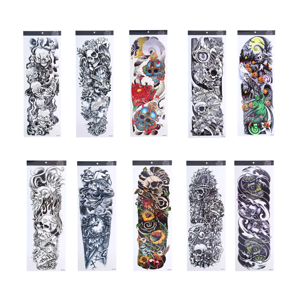 10pcs Fake Tattoo Stickers Temporary Waterproof Skull Pattern Full Arm Tattoos for Halloween