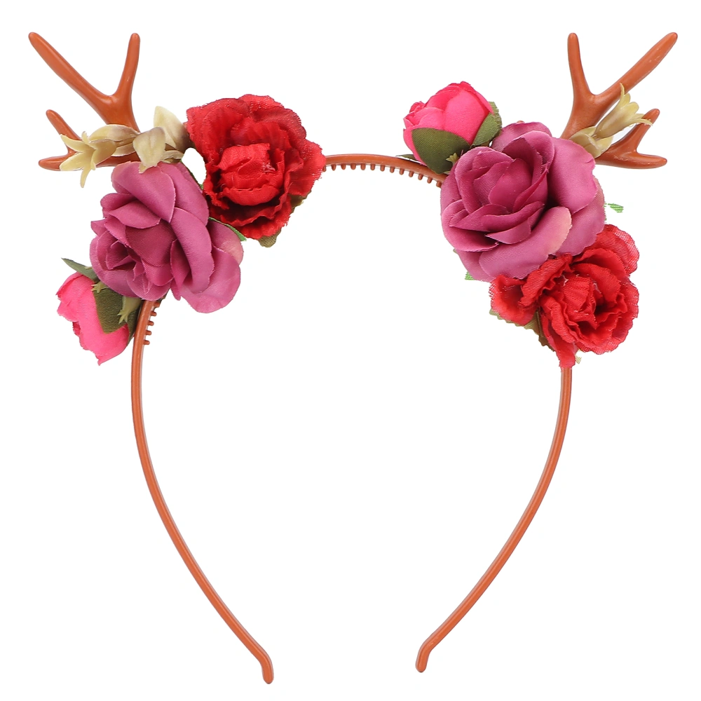 Fashionable Flower Reindeer Antlers Headband Floral Garland Crown for Party Cosplay Wedding ChristmasRed