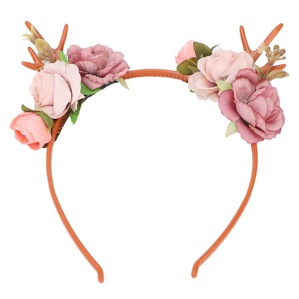 Fashionable Flower Reindeer Antlers Headband Floral Garland Crown for Party Cosplay Wedding ChristmasDark Pink