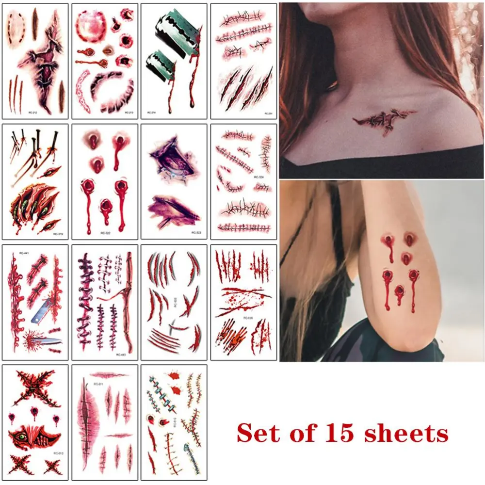 Halloween Scar Tattoo Stickers Cosplay Temporary Tattoo Waterproof Wound Tattoo Stickers for Face Arms Legs