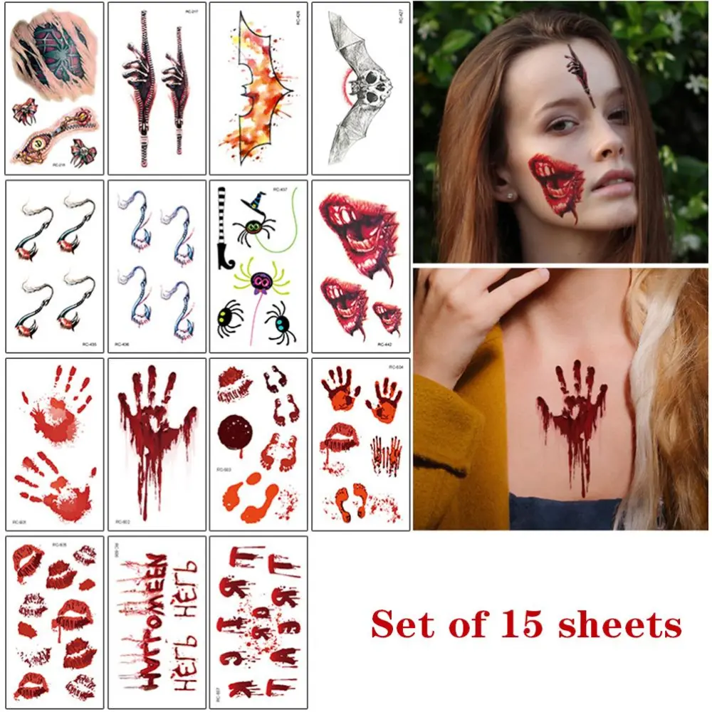 Halloween Scar Tattoo Stickers Cosplay Temporary Tattoo Waterproof Wound Tattoo Stickers for Face Arms Legs