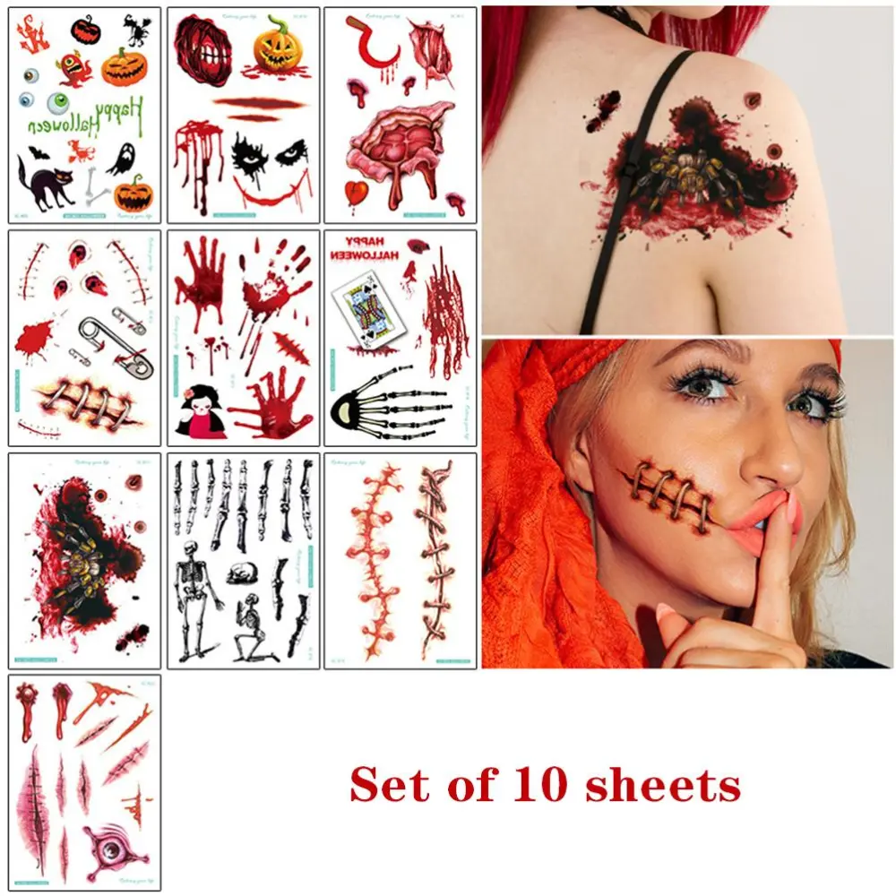 Halloween Scar Tattoo Stickers Cosplay Temporary Tattoo Waterproof Wound Tattoo Stickers for Face Arms Legs