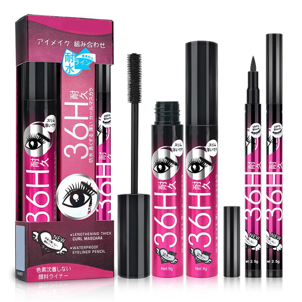 Makeup Mascara and Eyeliner Set Smudge Proof Waterproof Thickens Eye Makeup Long Lasting Slim Mascara Liquid Eyeliner Pencils