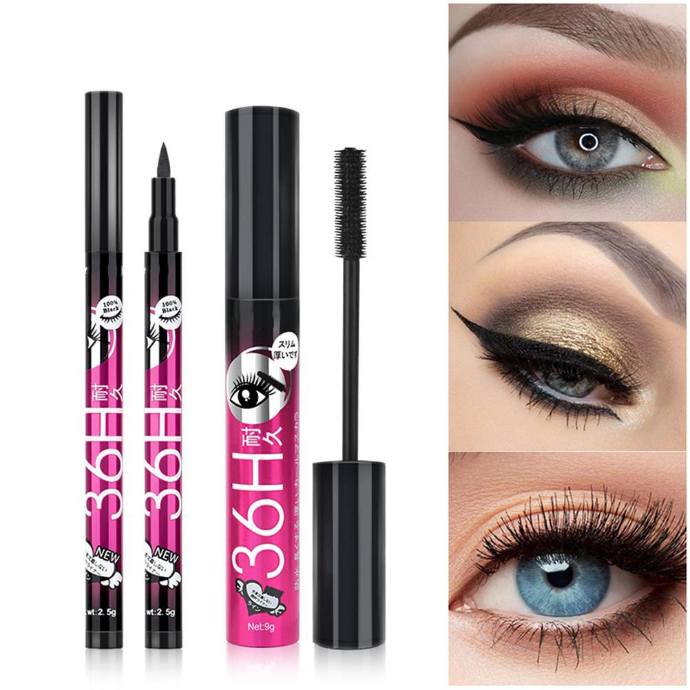 Makeup Mascara and Eyeliner Set Smudge Proof Waterproof Thickens Eye Makeup Long Lasting Slim Mascara Liquid Eyeliner Pencils