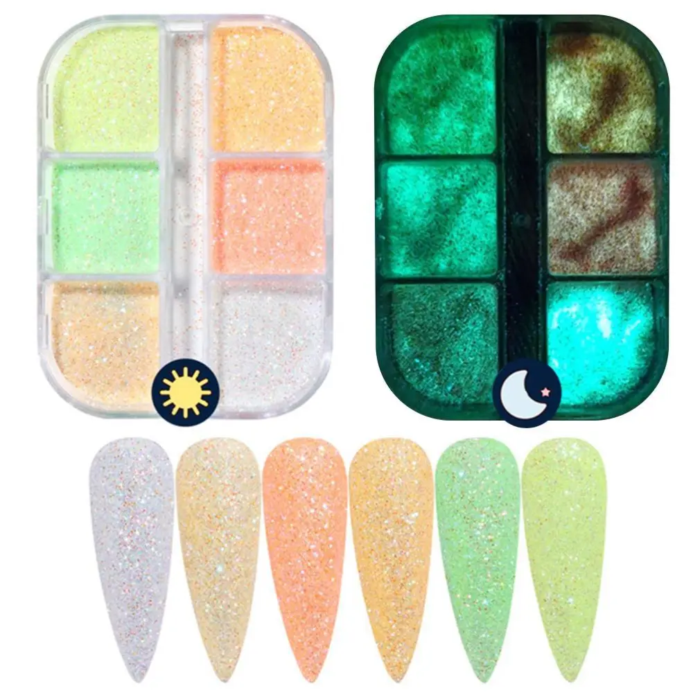 6 Colors Luminous Nail Powder in The Dark Neon Pigment Sequins Nail Art Glitter Nail Art Supplies for Women Girls