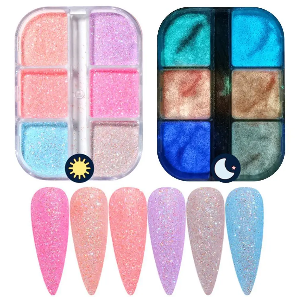 6 Colors Luminous Nail Powder in The Dark Neon Pigment Sequins Nail Art Glitter Nail Art Supplies for Women Girls