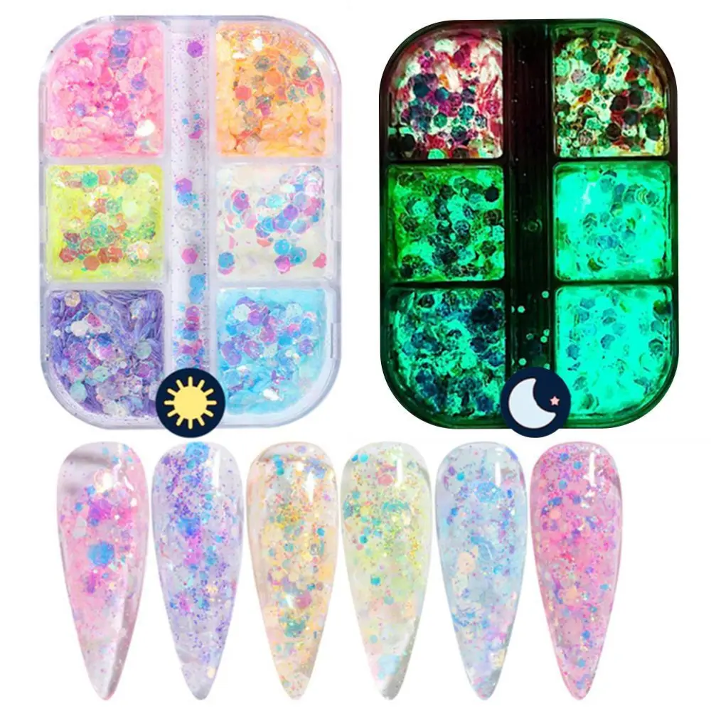 6 Colors Luminous Nail Powder in The Dark Neon Pigment Sequins Nail Art Glitter Nail Art Supplies for Women Girls