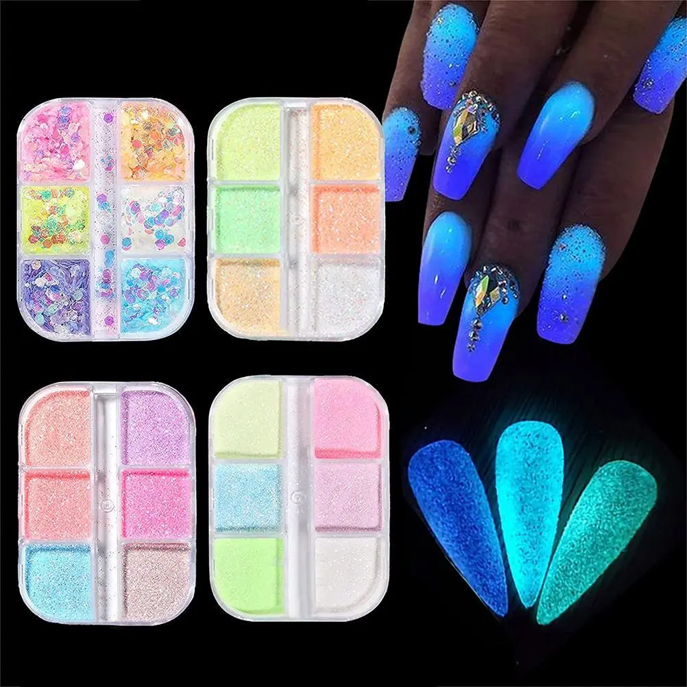 6 Colors Luminous Nail Powder in The Dark Neon Pigment Sequins Nail Art Glitter Nail Art Supplies for Women Girls