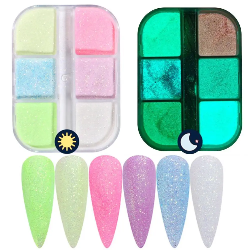 6 Colors Luminous Nail Powder in The Dark Neon Pigment Sequins Nail Art Glitter Nail Art Supplies for Women Girls