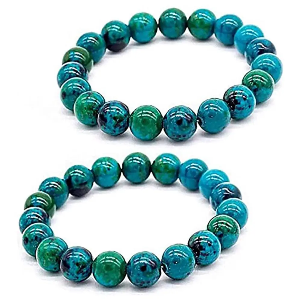 2Pcs Diabetes Chrysocolla Bracelet Handcrafted Round Beaded Bracelet for Women Men