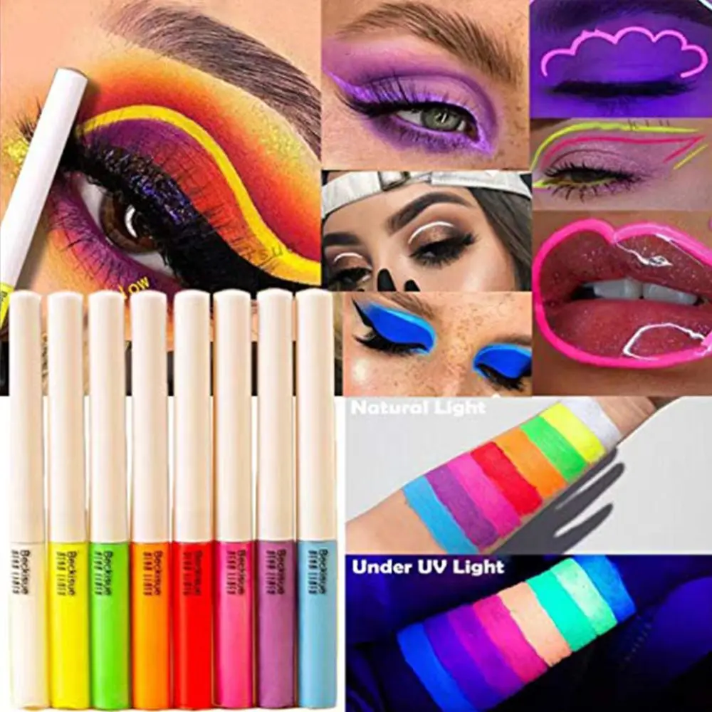 8 Pcs/Set Neon Liquid Eyeliner High Pigmented UV Eyeliner Waterproof Smudgeproof Body Face Paint Makeup