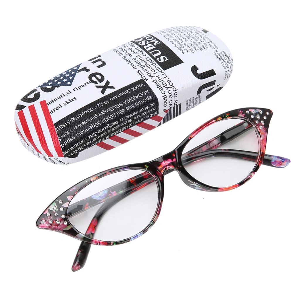 Reading Glasses Fashionable Unisex Rhinestones Decoration Clear Lens Reading Glasses(+100 Red Stripe Frame)