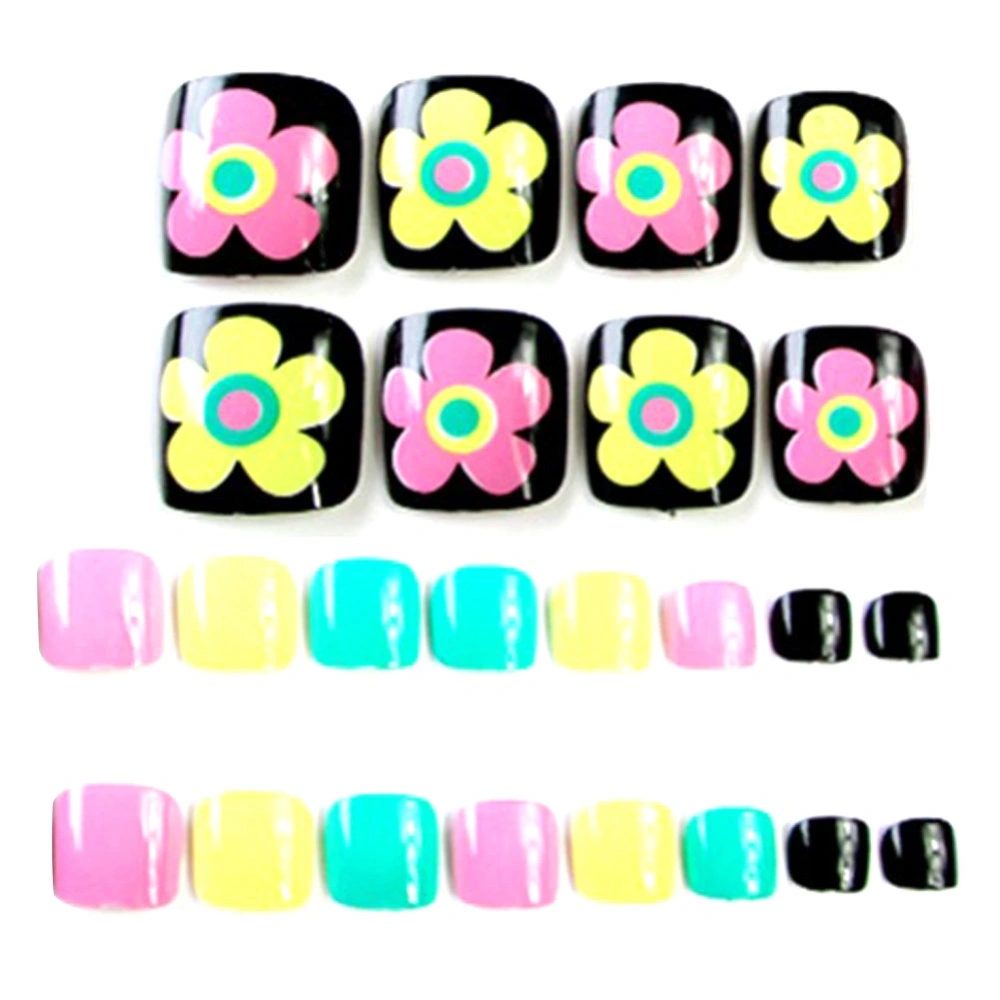 24Pcs/Box Colorful Flower Pattern Decoration Artificial False Fake Nail Art Tip & Glue