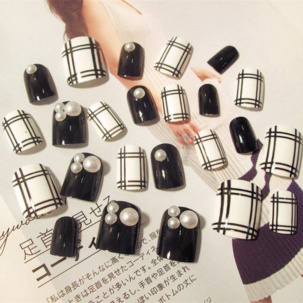 24Pcs/Box Stripes Pattern Rhinestone Decoration Artificial False Fake Nail Art Tip & Glue