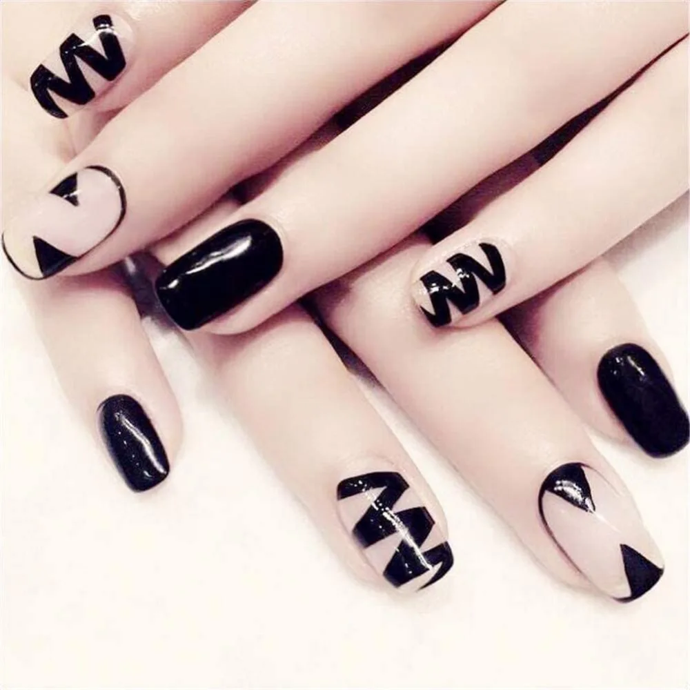 24Pcs/Box Wave Stripes Pattern Decoration Artificial False Fake Nail Art Tip & Glue