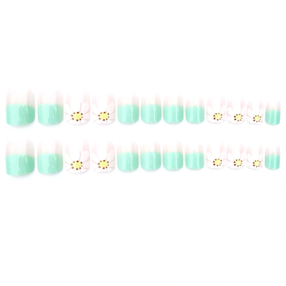 24Pcs/Box Light Green Flower Pattern Decoration Artificial False Fake Nail Art Tip & Glue