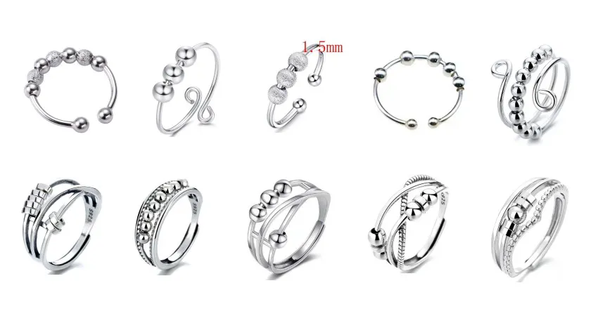 10pcs Fidget Ring Set Rotating Sliding Beads Reduce Anxiety Stylish Finger Decorative Rings Silver