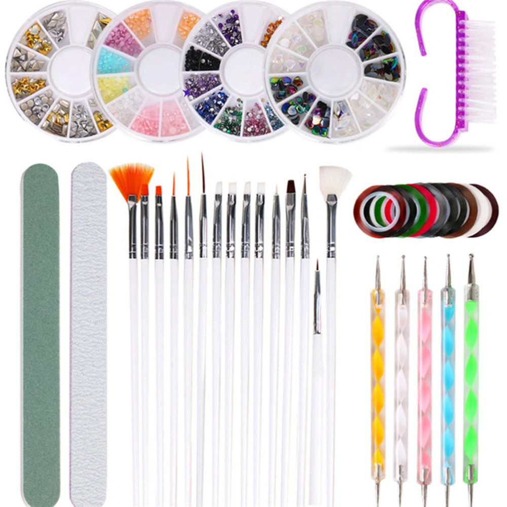 37Pcs Nail Art Brushes Set Striping Tape Stickers Rhinestones Decoration Dotting Manicure Set