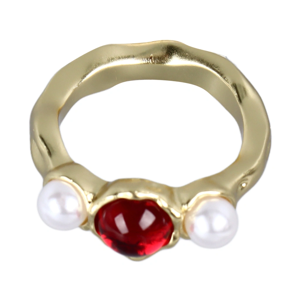 Women Gold Plated Red Artificial Stone Ring Gold Plated Red Faux Pearl Copper Ring Skin Friendly Stylish Jewelry